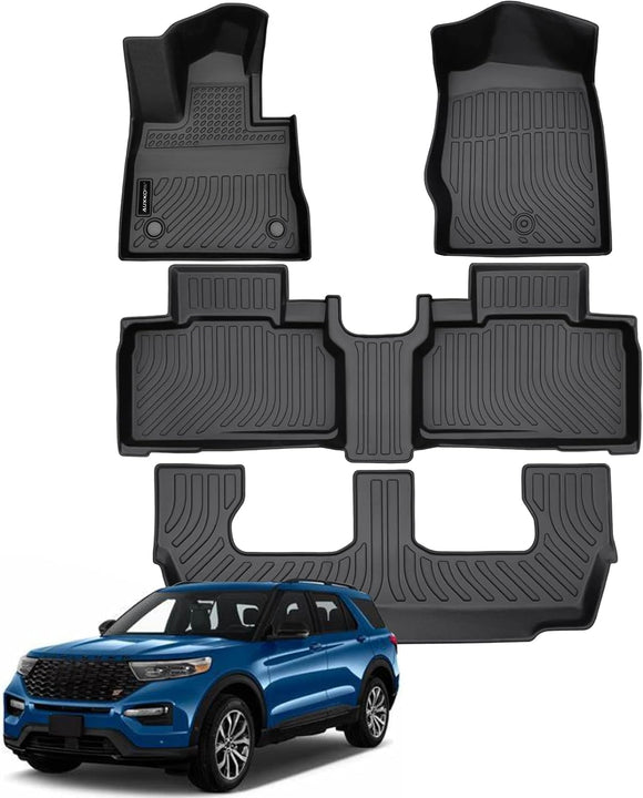 Auxko All Weather Floor Mats Fits for Ford Explorer 2020-2024 2025 7 Seat Full Set TPE Rubber Liners Set All Season Guard Odorless Anti-Slip Floor Mats for 1st & 2nd & 3rd Row