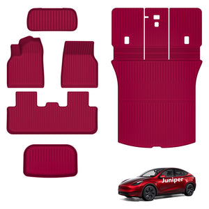 AUXKO All Weather Floor Mats for 2025 2026 New Tesla Model Y Juniper Cargo Mat with Backrest Mat & Front Trunk Liner & Rear Cargo Mat Car Full Set Accessories Guard Odorless Anti-Slip TPE Mats Red