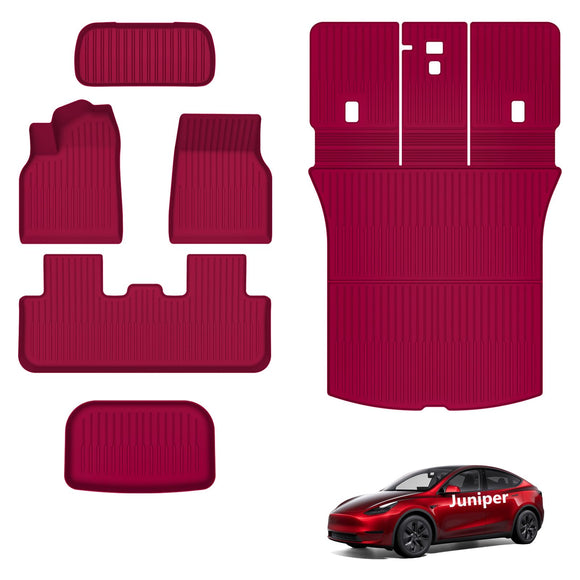 AUXKO All Weather Floor Mats for 2025 2026 New Tesla Model Y Juniper Cargo Mat with Backrest Mat & Front Trunk Liner & Rear Cargo Mat Car Full Set Accessories Guard Odorless Anti-Slip TPE Mats Red