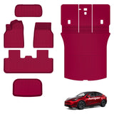 AUXKO All Weather Floor Mats for 2025 2026 New Tesla Model Y Juniper Cargo Mat with Backrest Mat & Front Trunk Liner & Rear Cargo Mat Car Full Set Accessories Guard Odorless Anti-Slip TPE Mats Red