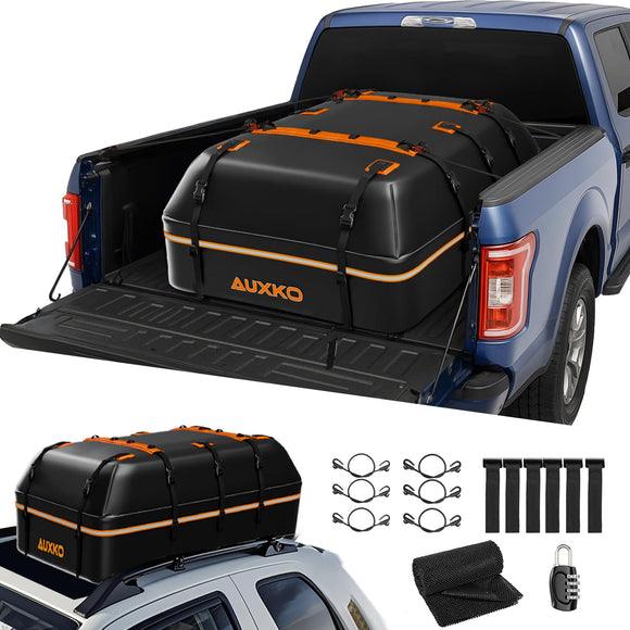 AUXKO 15 Cubic Ft Waterproof Rooftop Cargo Carrier for Truck Bed & All Vehicles with/without Roof Rack, Foldable Roof Bag with 6 Adjustable Bungee Straps, Combination Lock, Anti-Slip Mat, 6 Door Hooks