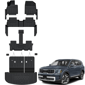 Auxko All Weather Floor Mats Cargo Mat with Backrest Mat for Kia Telluride 7&8 Seats 2020-2025 TPE Liners Accessories Guard Odorless Anti-Slip Floor Liners & Trunk Liner with Back Seat Protectors