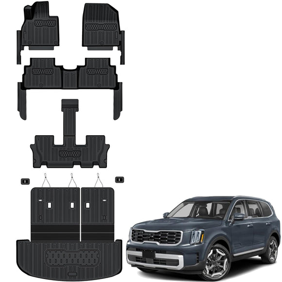 Auxko All Weather Floor Mats Cargo Mat with Backrest Mat for Kia Telluride 7&8 Seats 2020-2025 TPE Liners Accessories Guard Odorless Anti-Slip Floor Liners & Trunk Liner with Back Seat Protectors