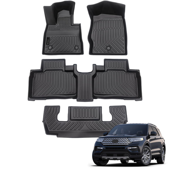 Auxko All Weather Floor Mats Fit for Ford Explorer 2020-2024 2025 6 Seat TPE Rubber Liners Set Explorer Accessories All Season Guard Odorless Anti-Slip 3 Row Floor Mats