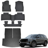 Auxko All Weather Floor Mat & Cargo Mat with Back Seat Mat Fit for Ford Explorer 7 Seat 2025 2024 2023 2022 2021 2020 TPE Floor Liner Trunk Mat Accessories All Season Odorless Anti-Slip Black