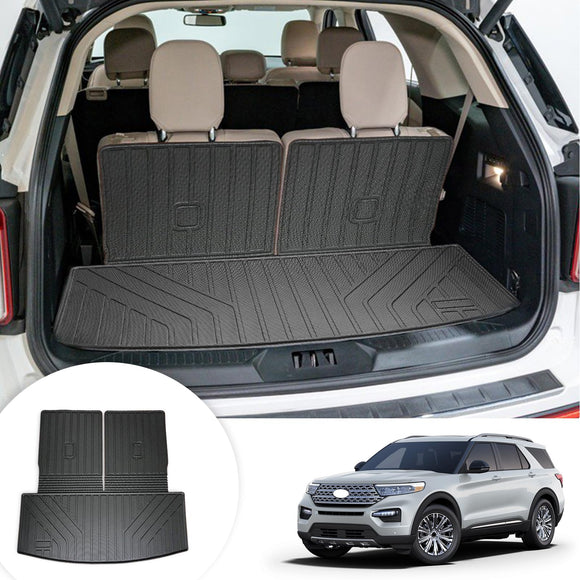 Auxko All Weather Cargo Mat with Back Seat Mat Fit for Ford Explorer 2025 2024 2023 2022 2021 2020 TPE Trunk Mat Accessories All Season Odorless Anti-Slip Black