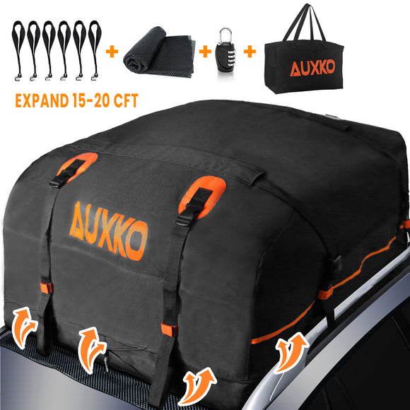 AUXKO Expandable Cargo Roof Bag, 15 Cubic Expands to 20 Cubic ft Waterproof Car Rooftop Carrier Soft-Shell Travel Storage Top Carrier Luggage Bag